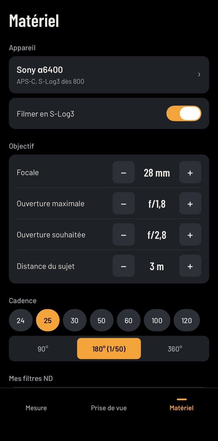 Écran Matériel : boîtier, objectif, cadence et filtres ND