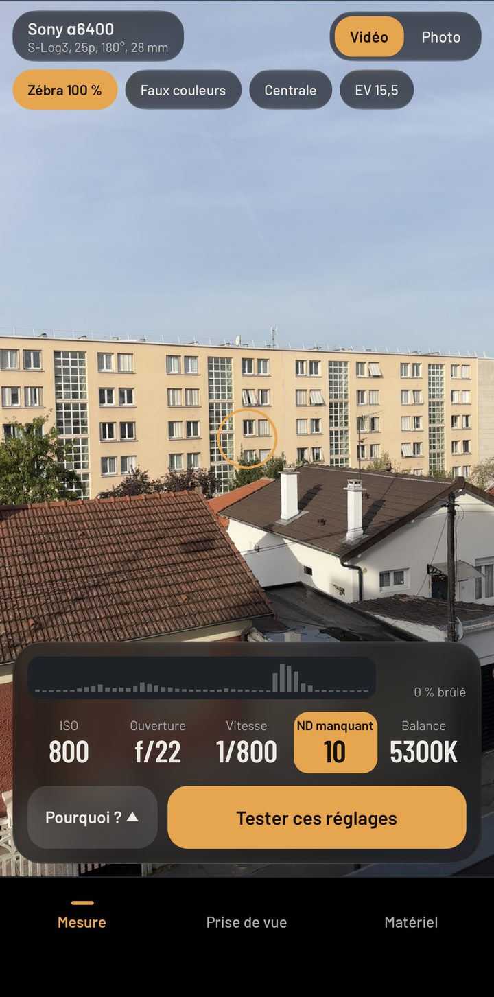 Écran Mesure : réglages conseillés en direct sur l’image de la caméra